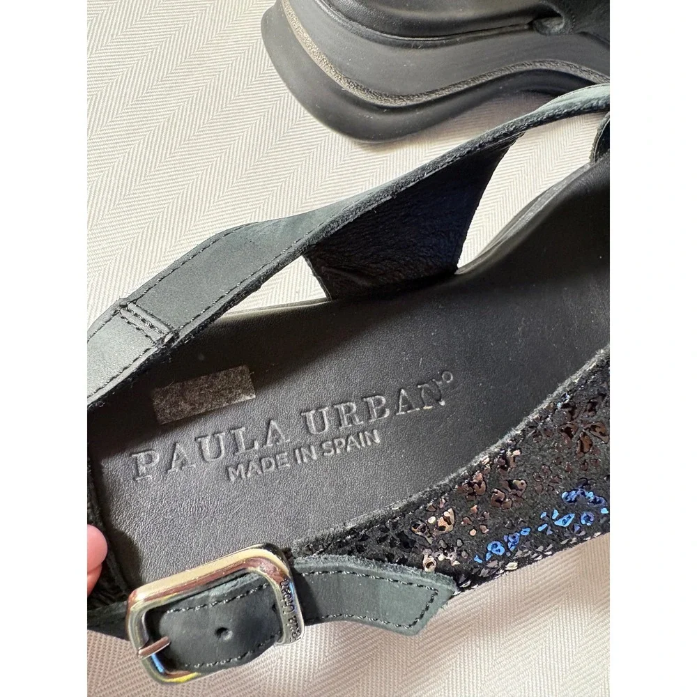 Paula Urban Black Leather Metallic Floral Wedge Sandals Womens 39 Spain‎